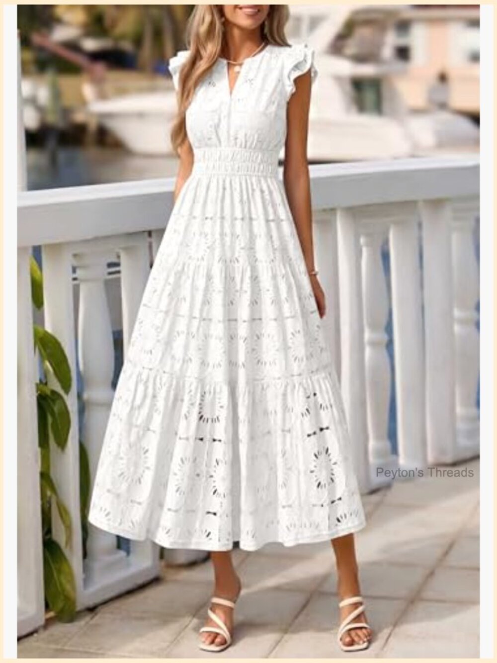 Boho Maxi Dress Floral Lace Eyelet V Neck Flutter Sleeve Wedding Guest Vacay - Picture 2 of 7